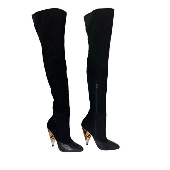 Givenchy Black Leather Suede OTK Boots 38.5 Over The Knee Printed Heel - Picture 10 of 15